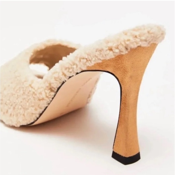 GOOD AMERICAN CREAM VEGAN SHEARLING SHERPA OPEN TOE MULE 4" HEELS NWT/NIB 🤎🤎 - Picture 5 of 14